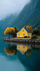 Fototapeta premium Bright yellow house near a calm lake surrounded by mountains and autumn trees during a cloudy day