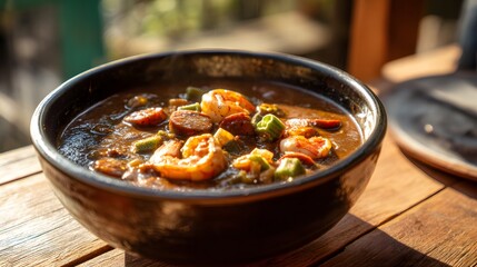 Steaming bowl of dark roux gumbo loaded with shrimp, sausage, and okra served in a rustic black bowl on a wooden table, natural light highlighting thick broth and tender seafood textures
