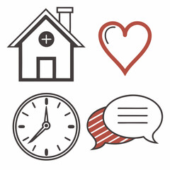 Simple icons home heart clock speech bubble design elements