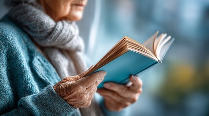 Elderly woman reading book cozy indoor setting lifestyle portrait intimate perspective relaxation concept