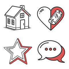 Hand drawn icons house heart star speech bubble mobile phone