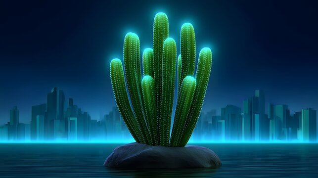 A large, neon-green cactus stands in the middle of a sleek, futuristic cityscape, creating a striking fusion of nature and technology.