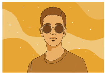 Fototapeta premium A stylish young man gazes confidently with sunglasses. He wears a casual shirt against a vibrant, swirling space background. Modern illustration.