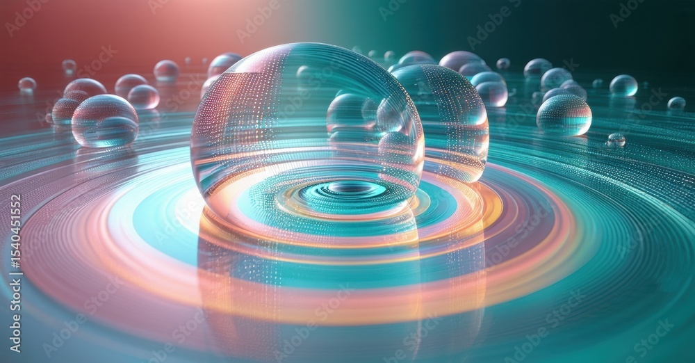 Poster abstract spheres, vibrant colors, concentric rings create mesmerizing visual effect. light reflectio