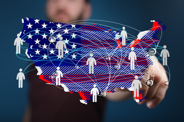 Naklejka premium Visual representation of a network connecting people across the United States. Ideal for business, technology, and communication concepts.
