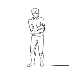 Fototapeta premium Suspicion: man in theatrical doubtful pose as minimalist single-line black drawing — emotional silhouette artwork. One line art.