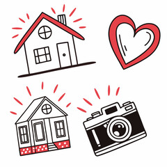 Cute hand drawn house heart camera illustration home sweet home