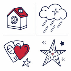 Cute hand drawn doodle icons set home rain heart star