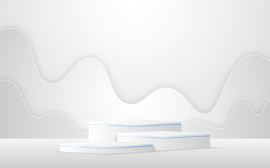 Multi-tiered white podium and elegant blue line with white Paper cut for product presentation. Display of cosmetic products. Stage or podium