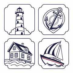 Nautical icons lighthouse anchor house sailboat coastal design