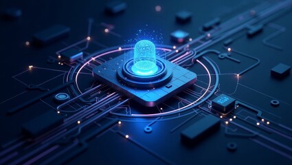 Cybernetic AI Eye Scanning Digital Circuit in Blue Tones