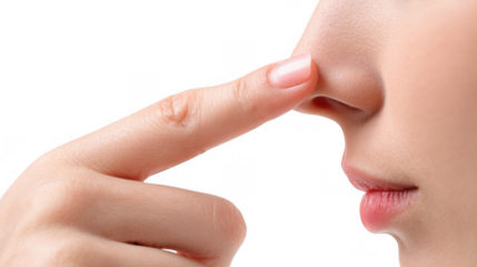 Close up of a woman pinching her nose to stop a nosebleed, isolated on a transparent background, useful for health and medical related concepts