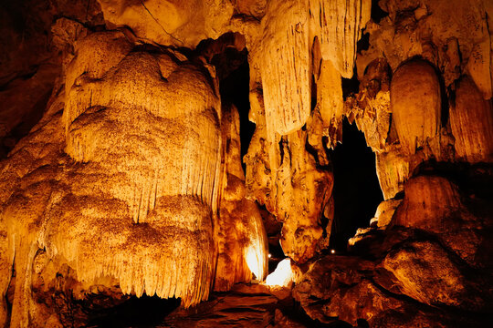 Stalactites and stalagmites on the ceiling in Chomphon Cave, Ratchaburi Province,Thailand.
