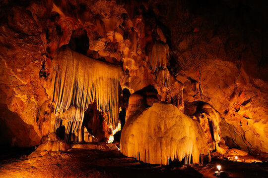 Stalactites and stalagmites on the ceiling in Chomphon Cave, Ratchaburi Province,Thailand.