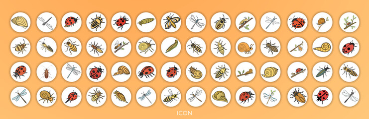 A digital illustration of various insects, arranged in a grid pattern.  Top left, a ladybug with red shell and black spots.  Top middle, a dragonfly with translucent wings and vibrant blue accents.  T