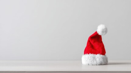 Fototapeta premium Classic Santa-style hat with red fabric, white fluffy trim, and pom-pom on a light-colored smooth surface against a plain gray background.