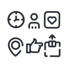 Professional ui icons set clock user heart location like upload transparent background