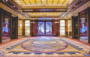 Opulent Art Deco interior architecture inside lobby, atrium or foyer on modern ocean liner style...