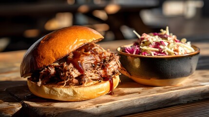 BBQ pulled pork heaped on a soft brioche bun with smoky sauce dripping down, side of crunchy coleslaw in a small ceramic bowl, warm late afternoon light highlighting juicy meat fibers and glossy sauce