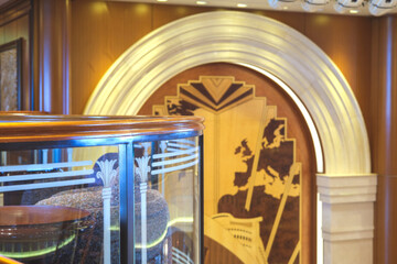 Opulent Art Deco interior architecture inside lobby, atrium or foyer on modern ocean liner style...