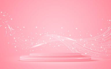 Pink podium with elegant white wave lines on the back for product presentation. Display of cosmetic products. Stage or podium. vector illustration.