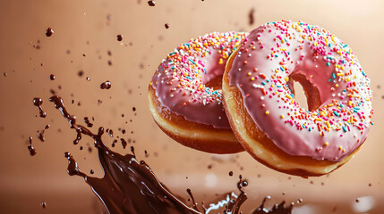 Pink frosted donuts with sprinkles and chocolate splash