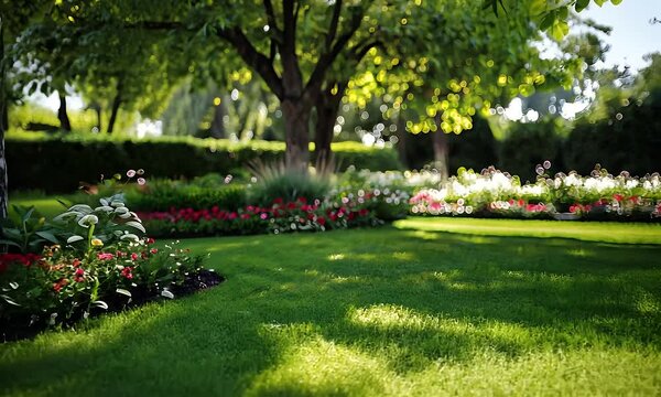 Lush Green Garden Featuring Vibrant Lawn Colorful Flowers and Mature Trees Under Dappled Sunlight Creating a Tranquil