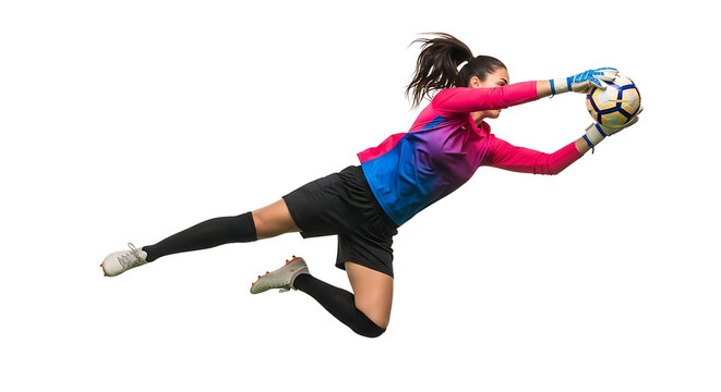 Pro female soccer goalie dive mid-air to catch a ball on white back ground - Powered by Adobe