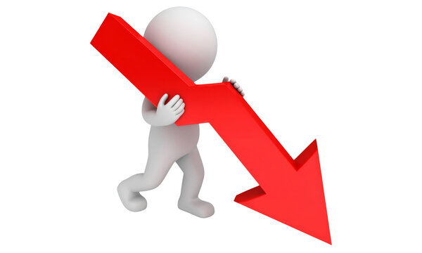 3D character red arrow downward trend financial loss economic decline business decrease crisis stress isolated transparency background