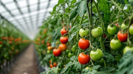 Fresh tomatoes ripening on vines in greenhouse