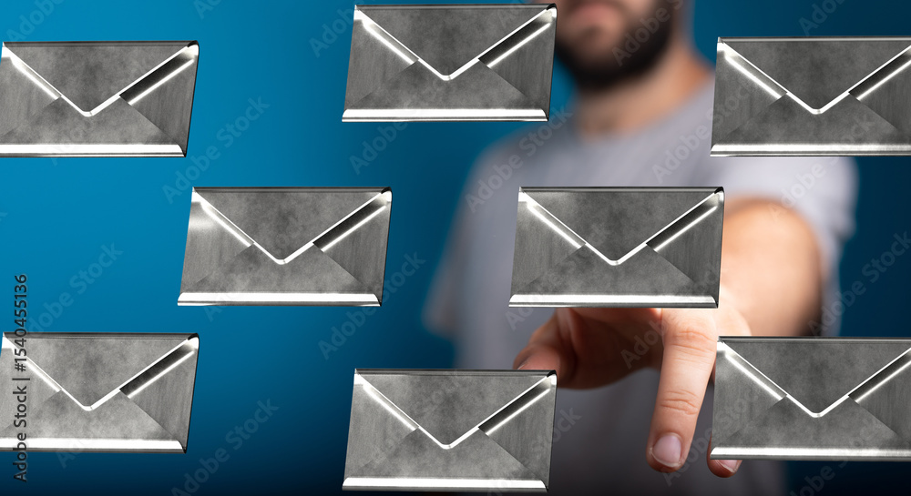 Poster image of a man interacting with digital email icons, representing communication and technology.