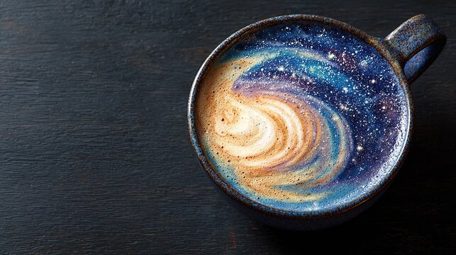 Galaxy latte art background with cosmic milk foam swirl, cafe menu visual.
