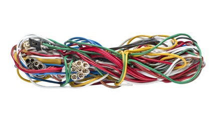 Colorful electrical wires intertwining and forming a complicated knot, isolated on a transparent background, highlighting the challenges of cable management and potential hazards