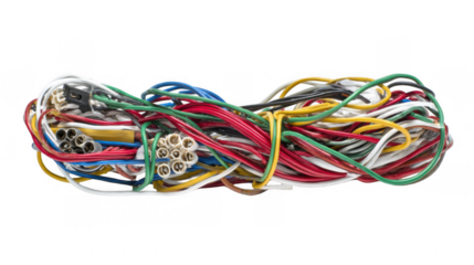 Colorful electrical wires intertwining and forming a complicated knot, isolated on a transparent background, highlighting the challenges of cable management and potential hazards
