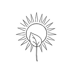 Sun and Leaf: A simple line art illustration depicts a sun with a single leaf, symbolizing nature's harmony in a minimalist black and white design.