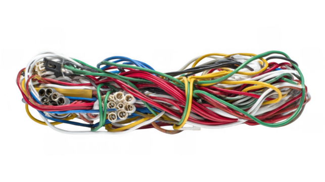 Colorful electrical wires intertwining and forming a complicated knot, isolated on a transparent background, highlighting the challenges of cable management and potential hazards