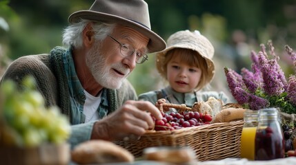 Grandfather and granddaughter picking grapes in a quaint garden family bonding outdoor activity serene atmosphere