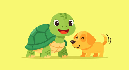 Obraz premium Cute Turtle and Dog Playing Together on Sunny Yellow Background