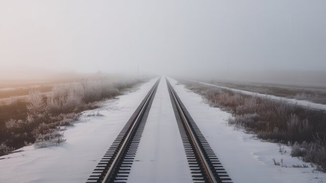 The cold embrace of winter along the railway tracks, shrouded in misty air