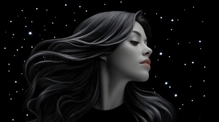 Ethereal portrait of a woman with flowing, luminescent hair woven with celestial stars and cosmic energy, creating a dreamlike, mystical impression.