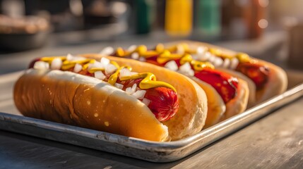 Classic all-beef hot dog in a lightly toasted bun with yellow mustard and diced onions on a vintage metal tray, bright natural daylight emphasizing soft bun and juicy sausage textures