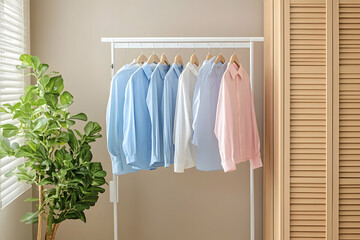 Elegant pastel shirts on hangers in minimalist interior with green plant