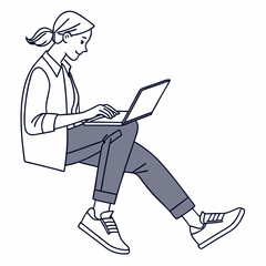 Woman working on laptop, clean cutout, transparent background