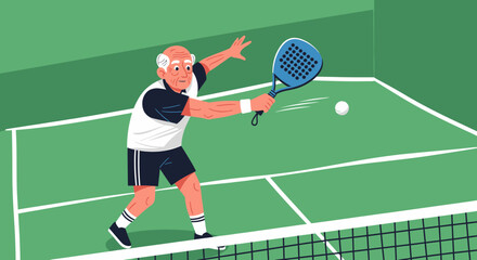 Active Senior Plays Paddle Tennis on the Court Illustration