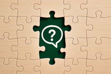 This symbolizes uncertainty and decision making in business highlighting challenges and problem-solving steps through the missing puzzle piece concept
