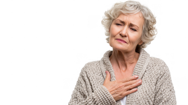 Senior woman holding her hands to her chest, experiencing discomfort and pain, possibly indicating a heart attack or other medical emergency, isolated on transparent background