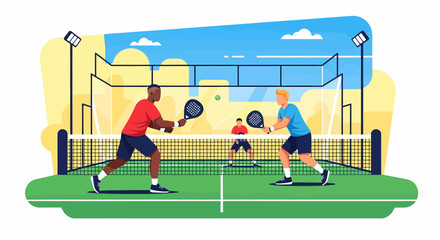 Men Playing Padel Tennis Match on Outdoor Court Vector Illustration