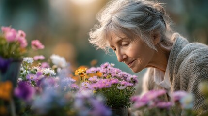 Gentle woman smelling flowers in a lush garden nature scene serene environment close-up view beauty of nature