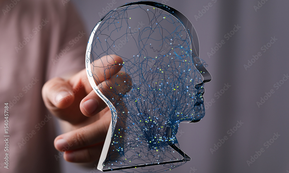 Poster abstract image of a human head with neural connections, representing ai, technology, and the mind.