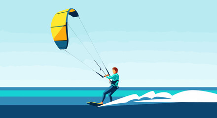 Kitesurfing in the Ocean Water Sports Illustration Blue Sea